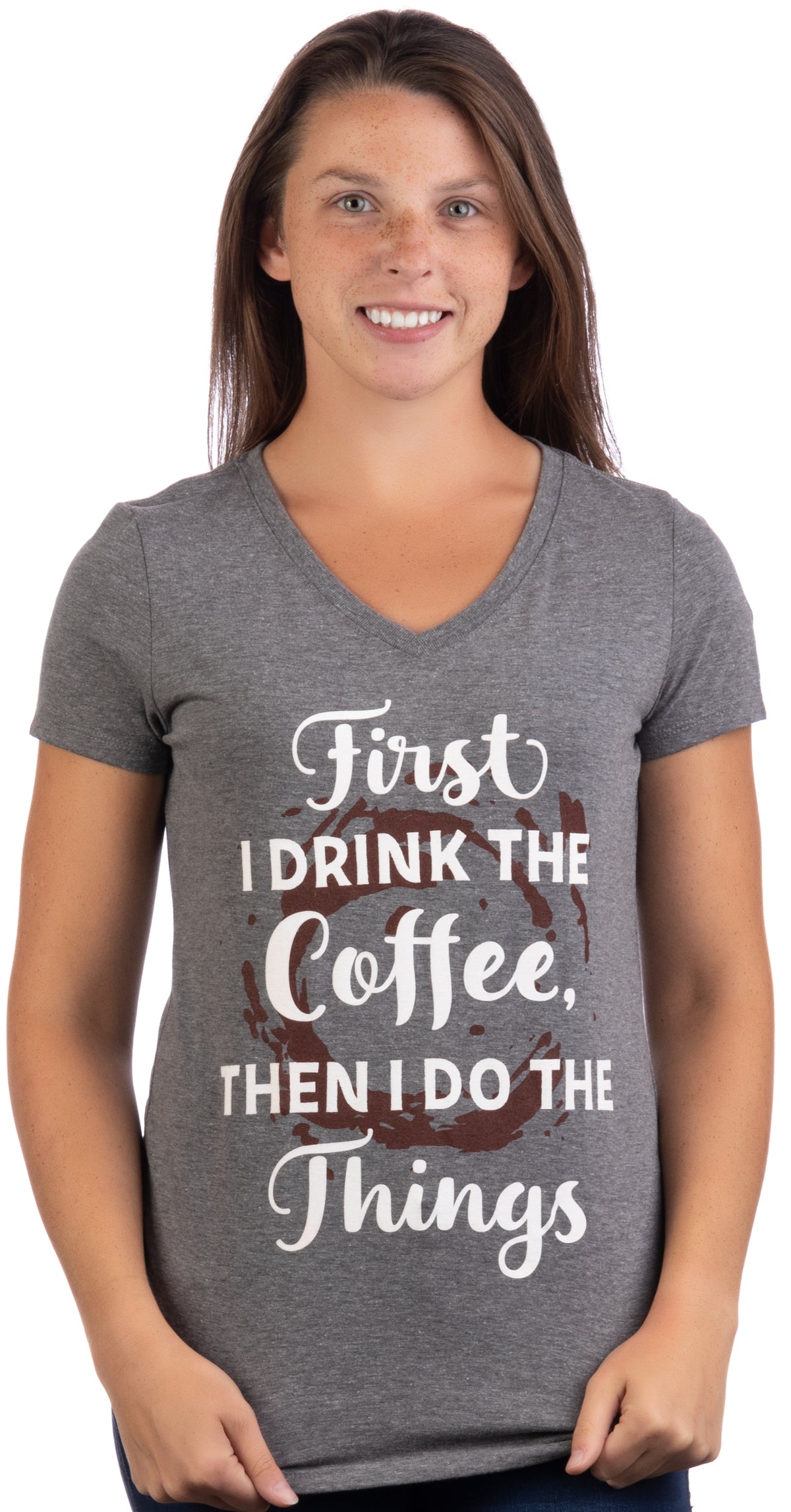Drink Coffee Do Things | Cute, Cool Retro Positive Affirmation Happy Yoga V-Neck T-Shirt for Women