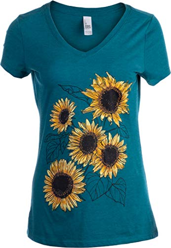 Sunflower Sketch | Blooming Flowers Garden Floral Art Gardening V-Neck T-Shirt for Women