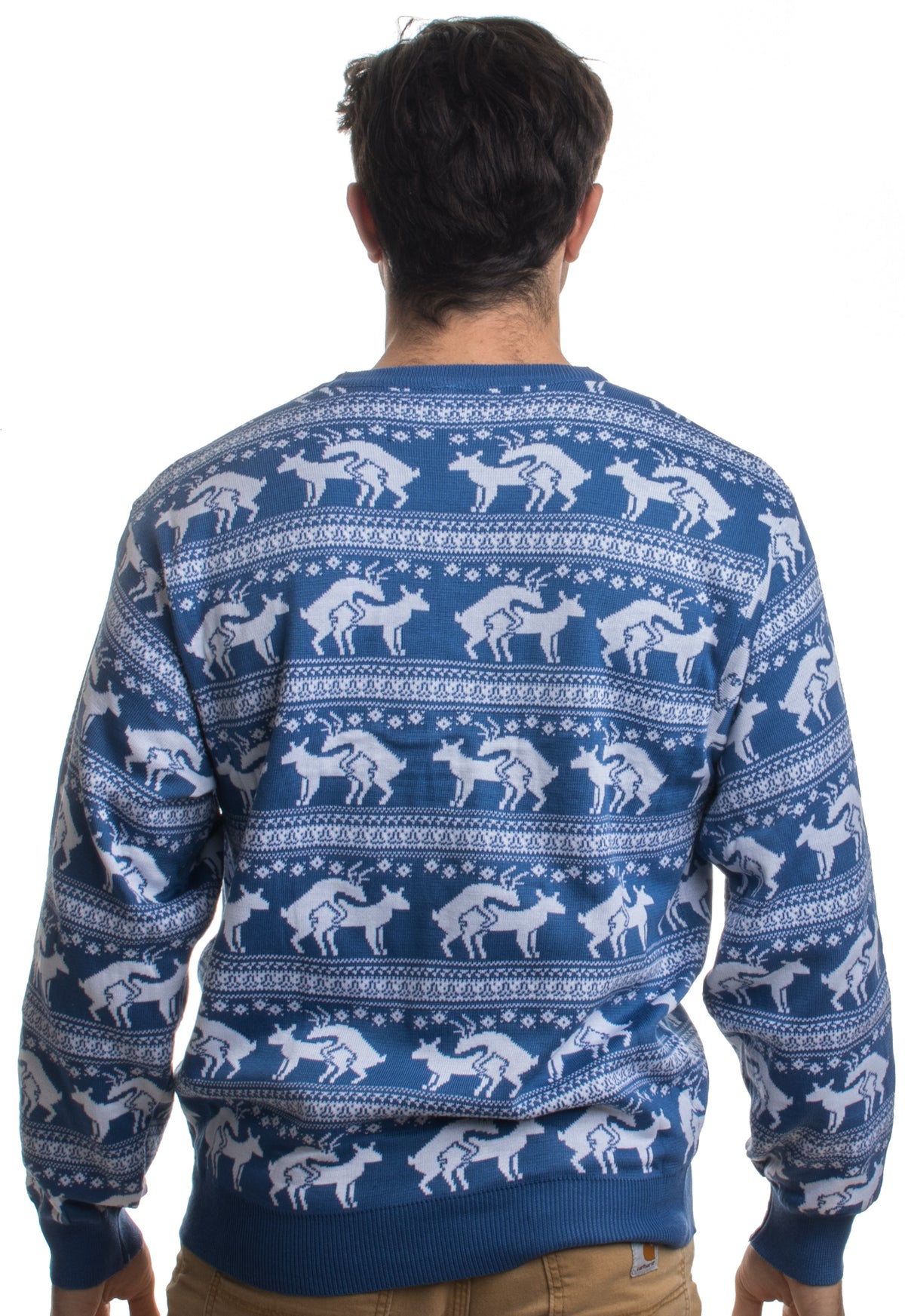 Blue Reindeer Humping Ugly Christmas Sweater w/ Holiday Insertion & Christmas Dongs