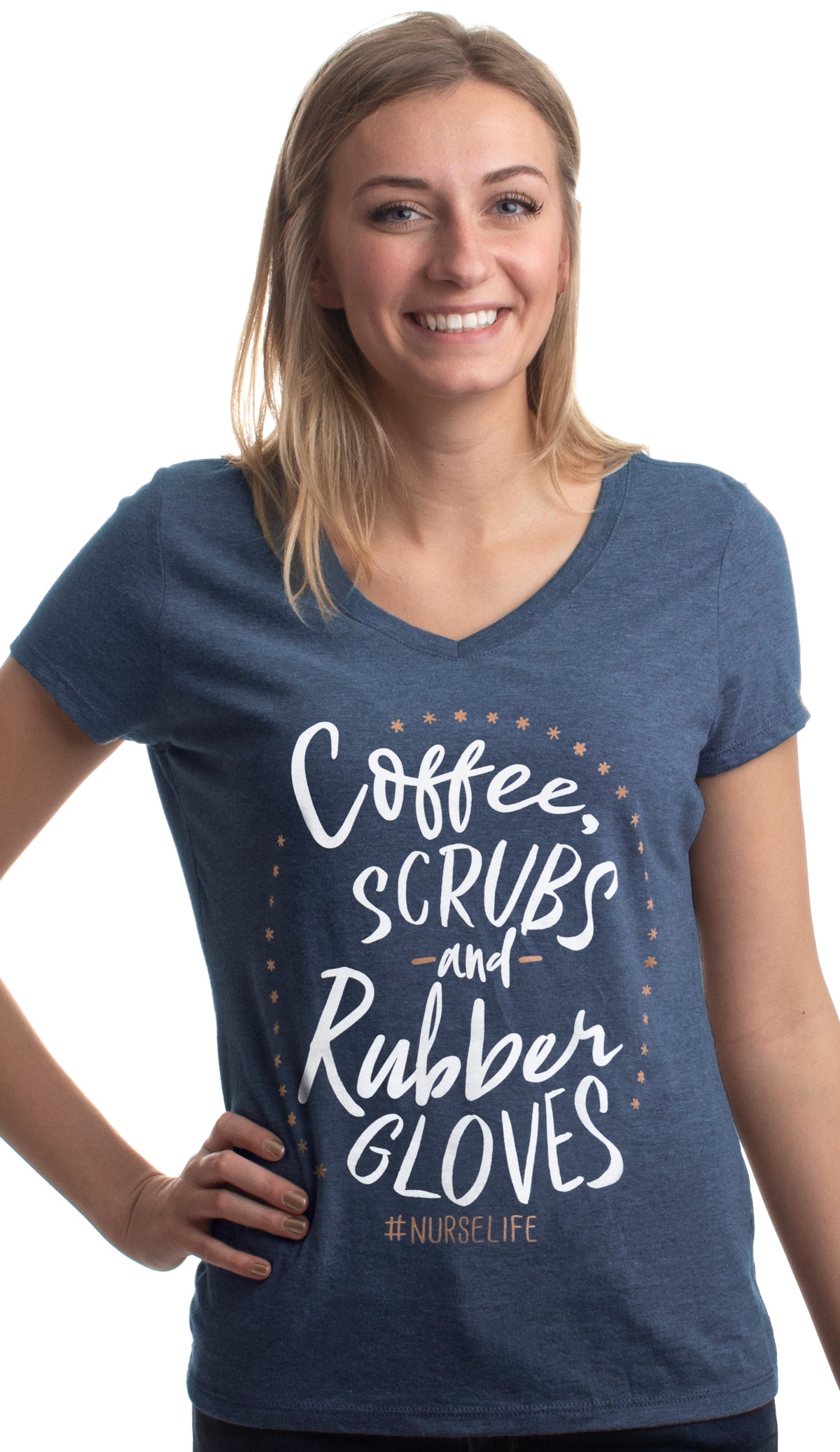 Coffee, Scrubs, Rubber Gloves | Funny Doctor Nurse Cute V-neck T-shirt for Women