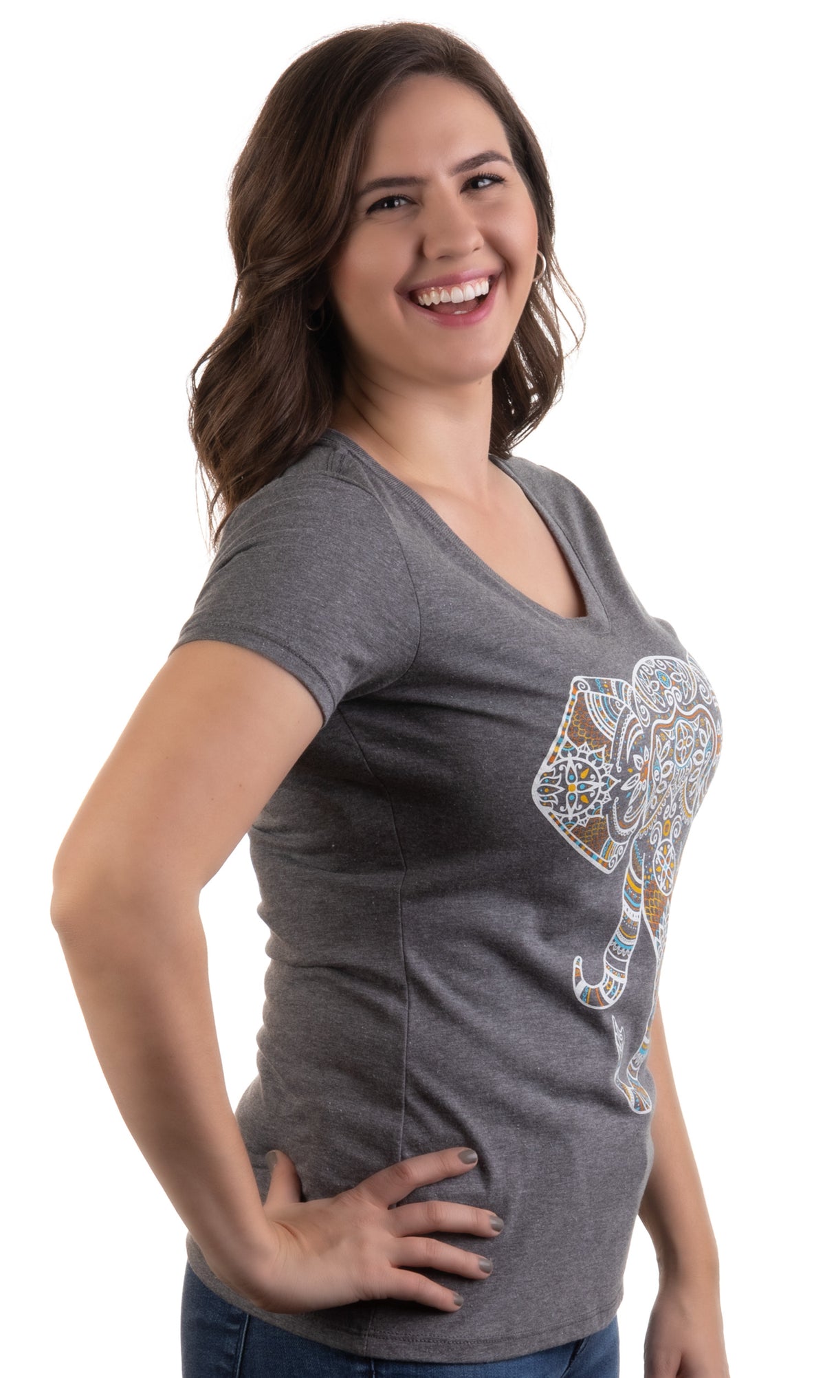 Elephant Aesthetic | Ornate Stylized Line Art Yoga V-neck T-shirt for Women