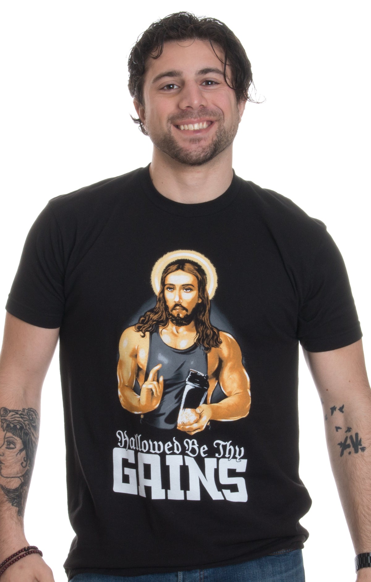 Hallowed Be Thy Gains | Funny Muscle Jesus Weight Lifting Work Out Humor T-shirt