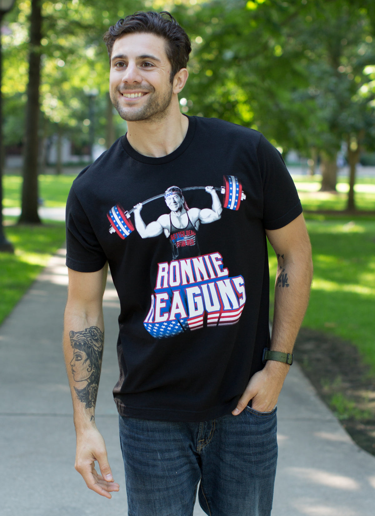 Ronnie ReaGUNS | Funny Muscle Weight Lifting Work Out Patriot Merica USA T-shirt - Men's/Unisex