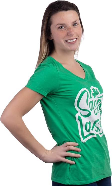 Sassy Lassy | Funny St Pat's Paddy Patrick Patty's Green Lassie Shamrock V-Neck T-Shirt for Women