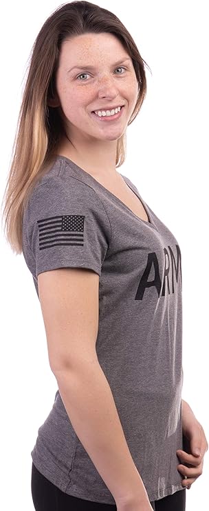 Army Women's V-Neck | U.S. Military Infantry Sleeve Flag Female Soldier T-Shirt Wife Mom Top