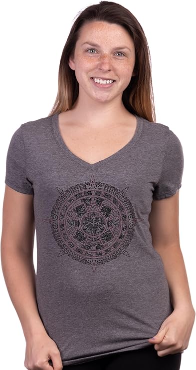 Aztec Sunstone | Ancient Mexican Calendar Sun Stone Spiritual V-Neck T-Shirt Top for Women