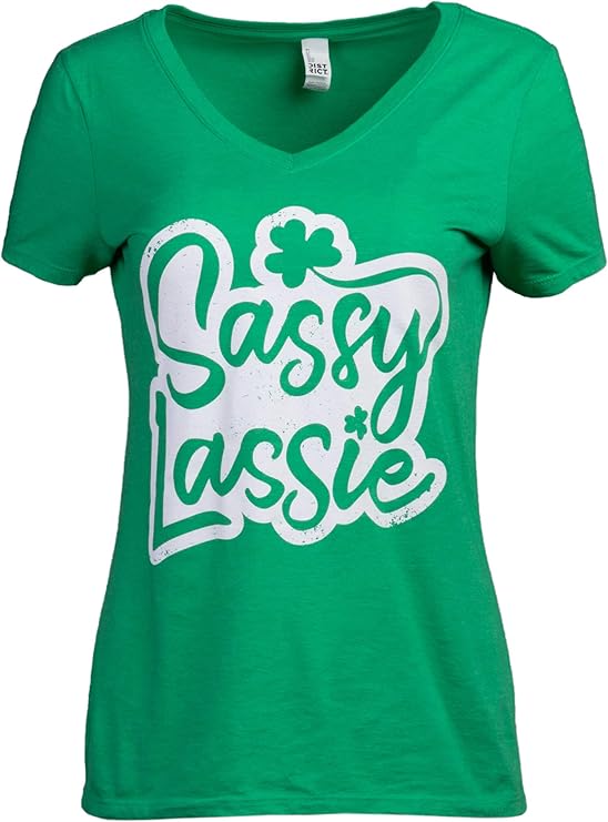 Sassy Lassy | Funny St Pat's Paddy Patrick Patty's Green Lassie Shamrock V-Neck T-Shirt for Women