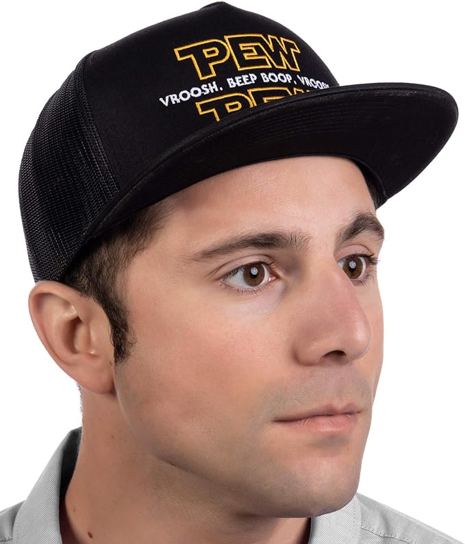 Pew Pew Wars  | Funny Sci-fi Space Star Noises Science Geeky Cap, Nerdy Dad Hat-(Trucker) Black