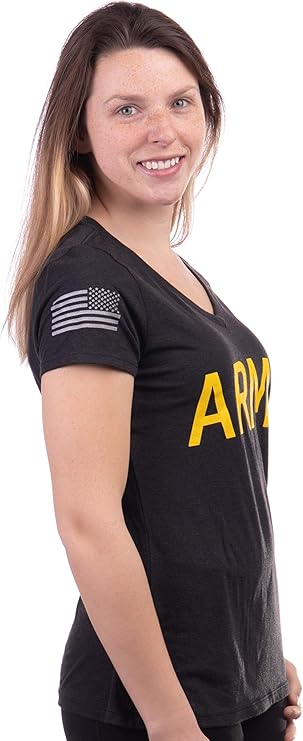 Army Women's V-Neck | U.S. Military Infantry Sleeve Flag Female Soldier T-Shirt Wife Mom Top