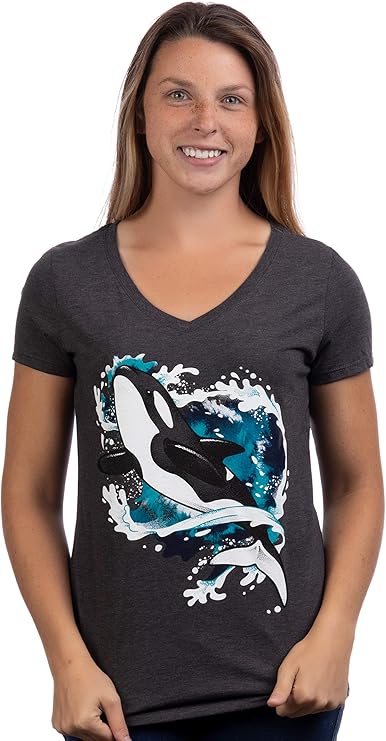 Orca | Vintage Nature Art Print Cool Unique Illustration V-Neck T-Shirt Top Tee for Women