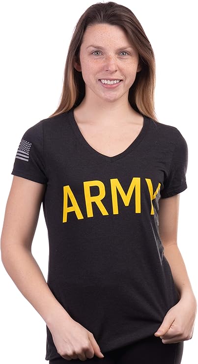 Army Women's V-Neck | U.S. Military Infantry Sleeve Flag Female Soldier T-Shirt Wife Mom Top