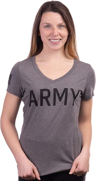 Army Women's V-Neck | U.S. Military Infantry Sleeve Flag Female Soldier T-Shirt Wife Mom Top