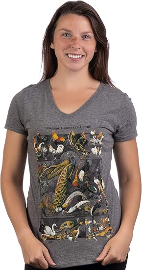 Vintage Birds | Nature Art Print Cool Unique Illustration V-Neck T-Shirt Top Tee for Women