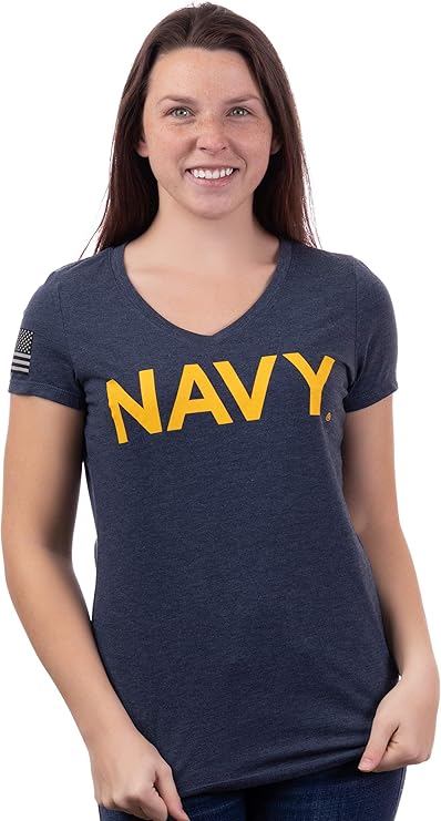 Navy Chest Print & U.S. Military Sleeve Flag | Naval Veteran Sailor Women's V-Neck Shirt