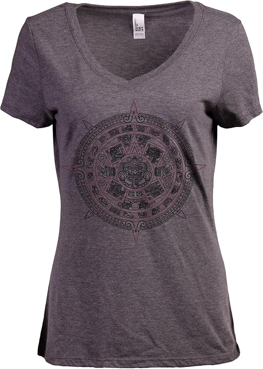 Aztec Sunstone | Ancient Mexican Calendar Sun Stone Spiritual V-Neck T-Shirt Top for Women