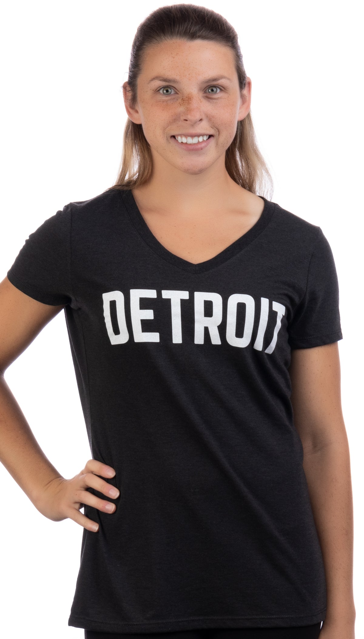 Detroit | Classic Retro City Grey Blue Red Black Detroiter 313 Cool Michigan Women V-Neck T-Shirt Top