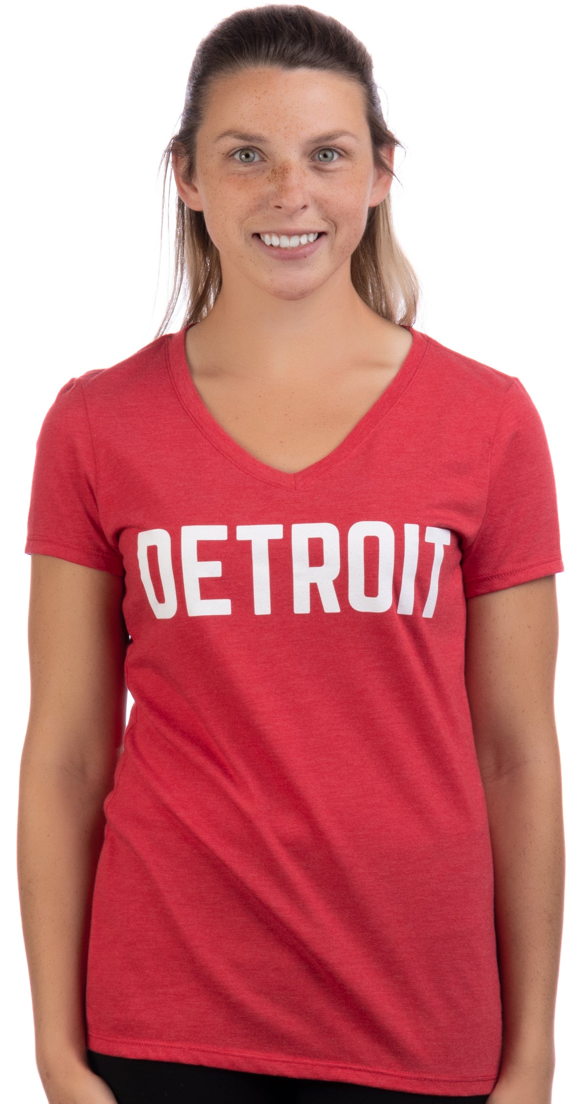 Detroit | Classic Retro City Grey Blue Red Black Detroiter 313 Cool Michigan Women V-Neck T-Shirt Top