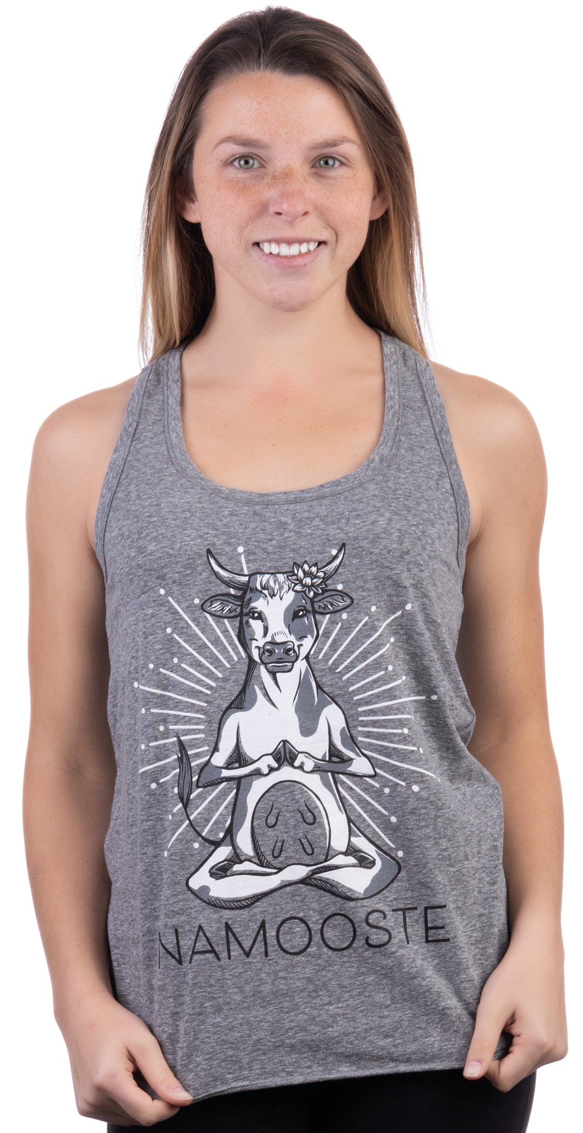 Namooste | Cute, Funny Yoga Cow Namaste Workout Racerback Tank Top for Women