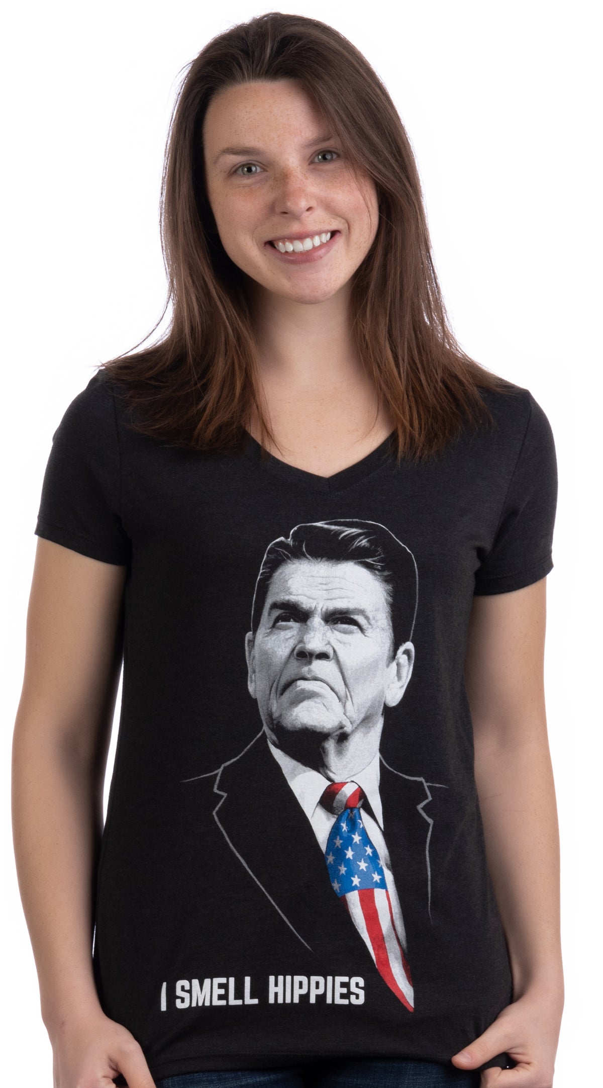 I Smell Hippies - Funny Reagan Conservative Merica USA Republican Ladies V-neck Shirt
