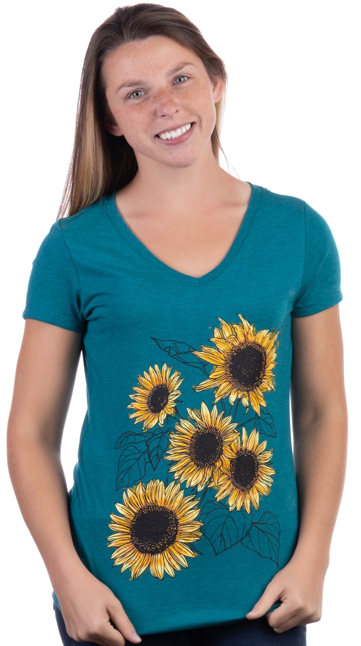Sunflower Sketch | Blooming Flowers Garden Floral Art Gardening V-Neck T-Shirt for Women