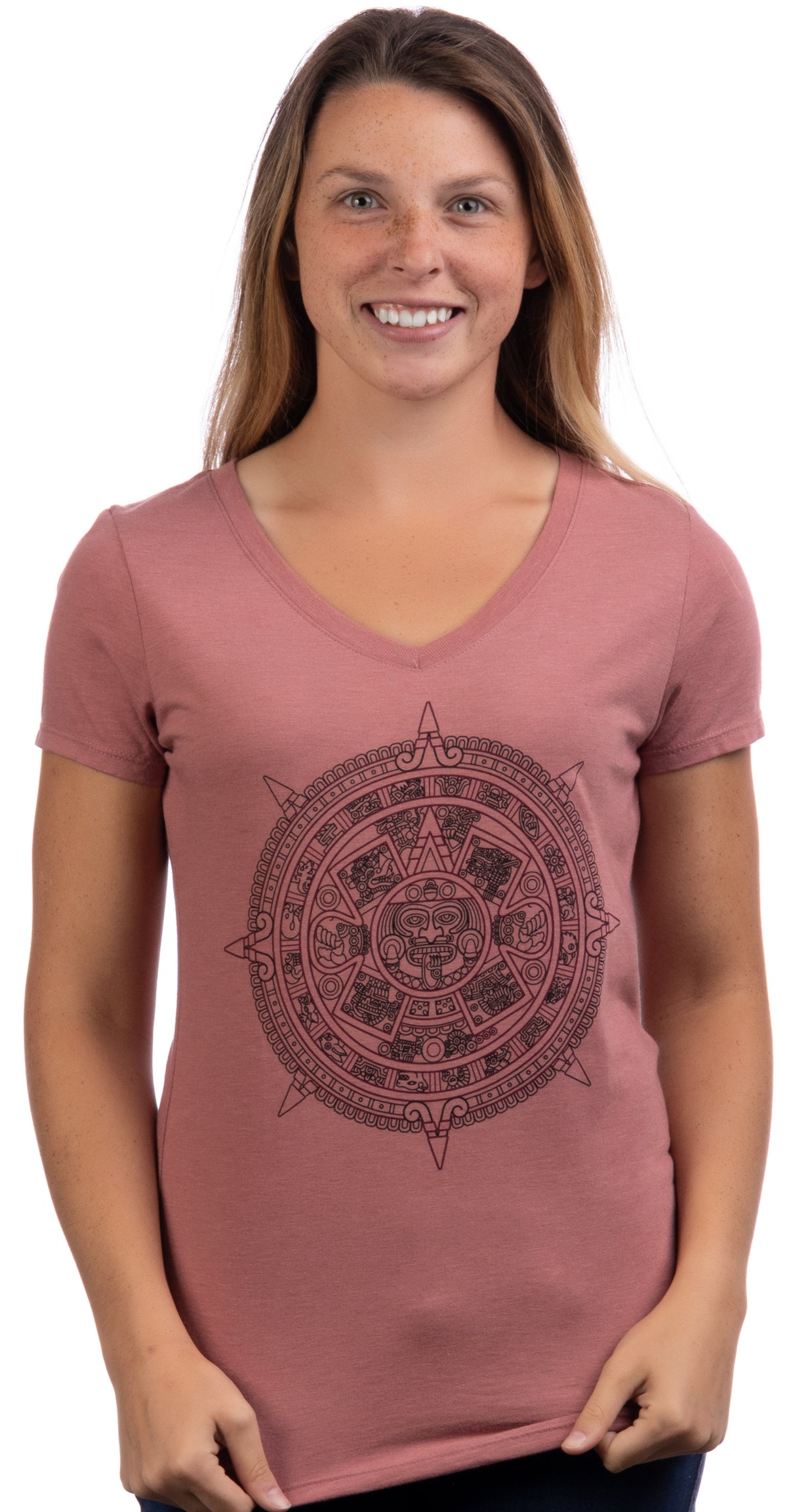 Aztec Sunstone | Ancient Mexican Calendar Sun Stone Spiritual V-Neck T-Shirt Top for Women