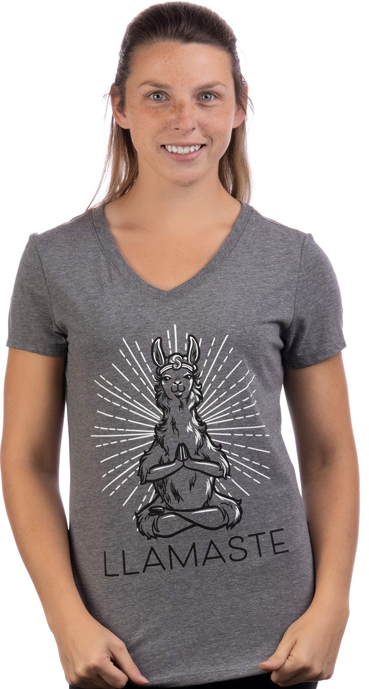 Llamaste | Cute, Funny Yoga Llama Namaste Workout V-neck T-shirt Top for Women