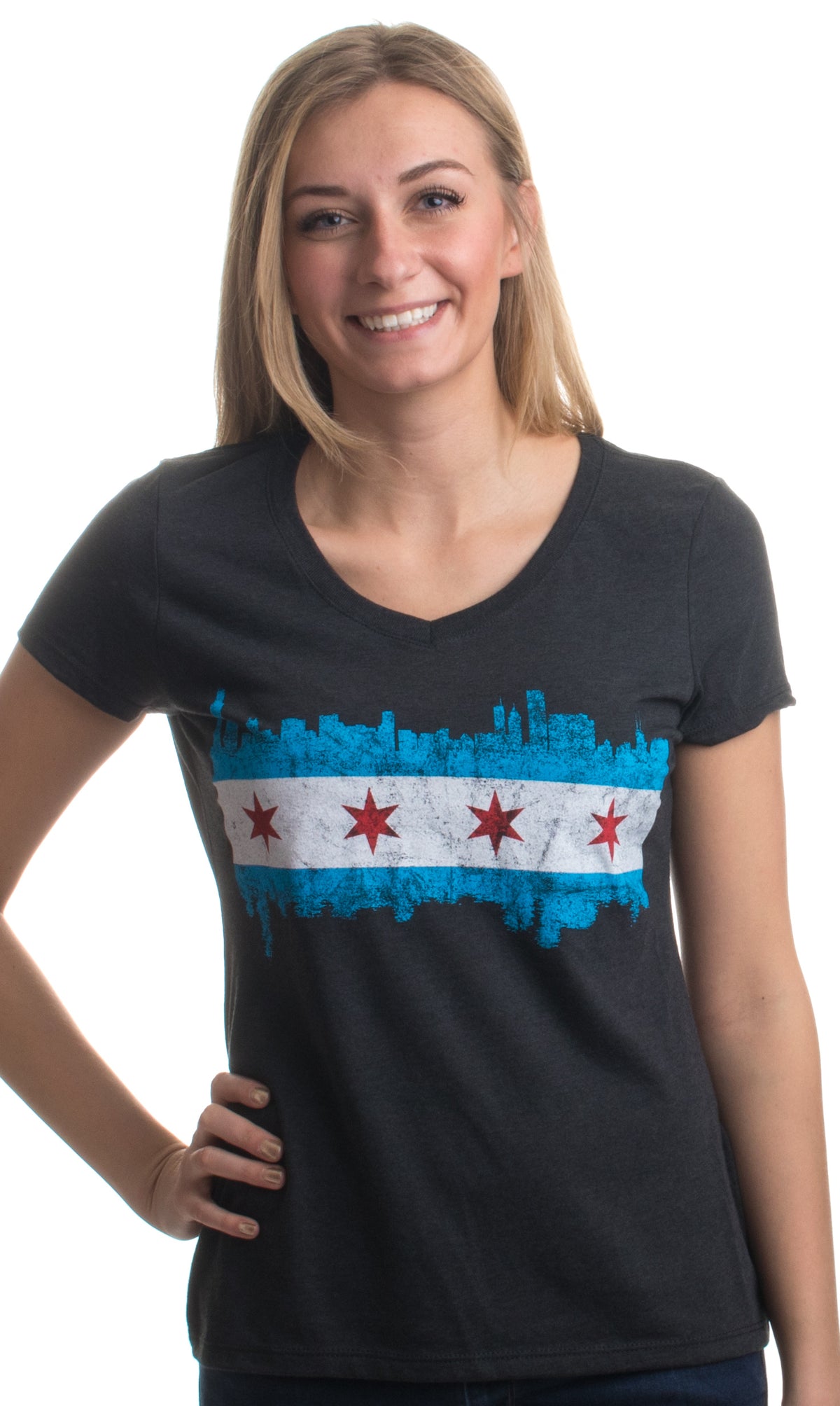 Chicago City Flag Skyline | Vintage Retro Triblend V-neck Shirt Top for Women
