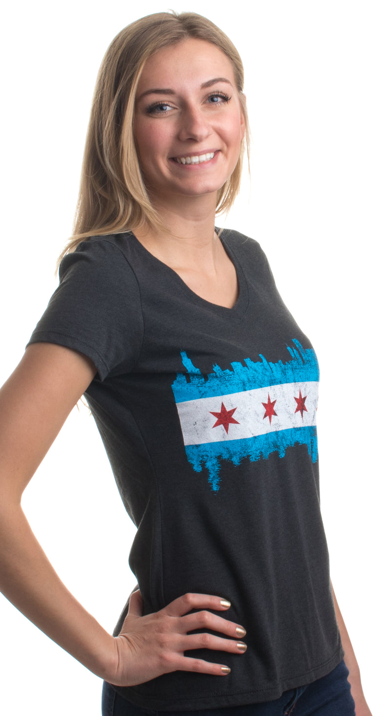 Chicago City Flag Skyline | Vintage Retro Triblend V-neck Shirt Top for Women