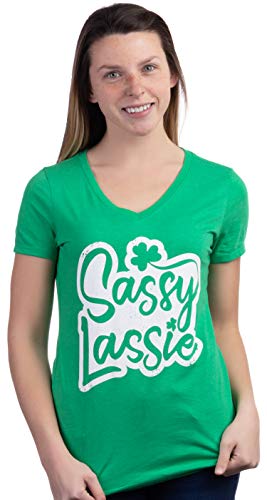 Sassy Lassy | Funny St Pat's Paddy Patrick Patty's Green Lassie Shamrock V-Neck T-Shirt for Women