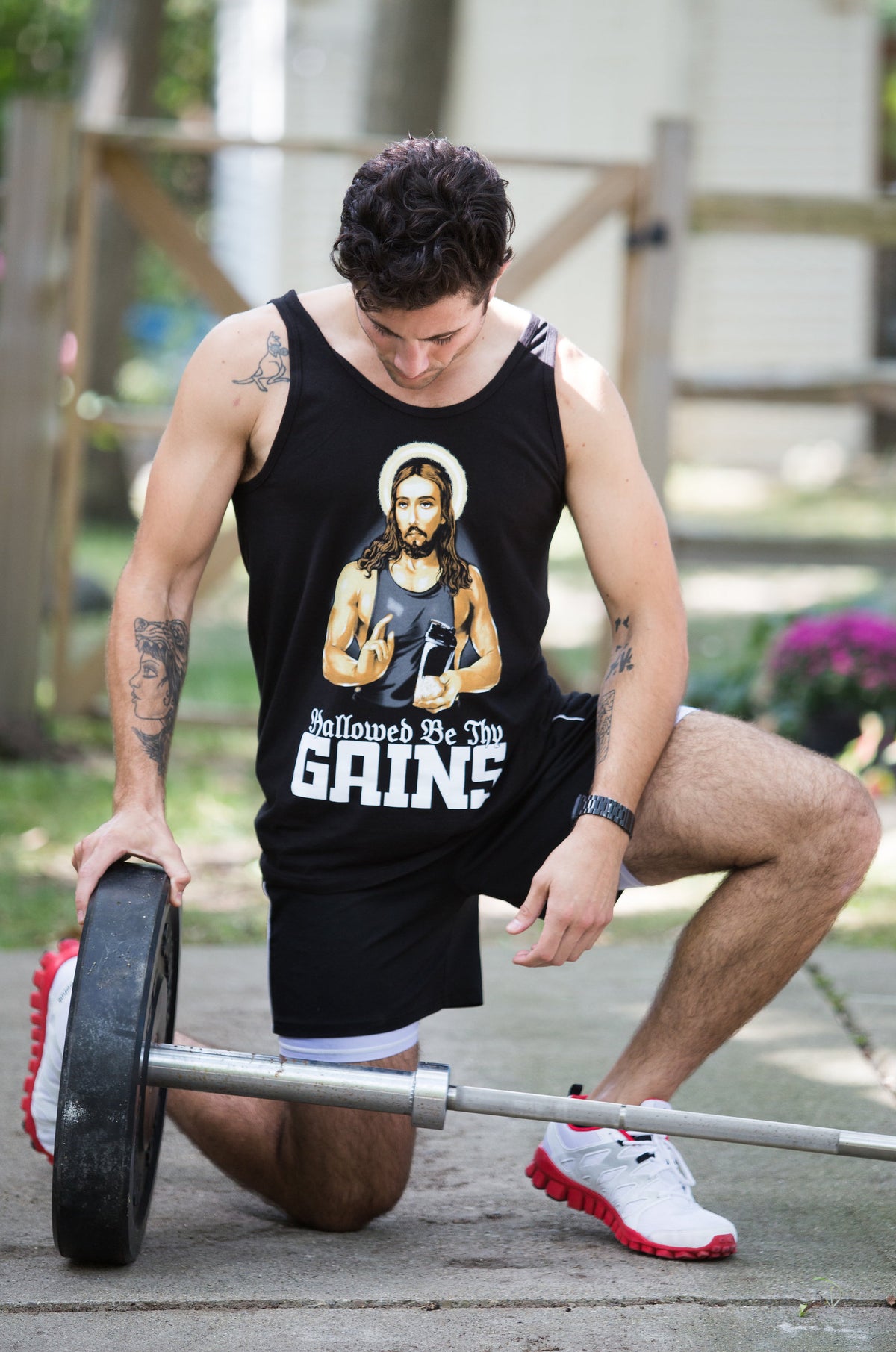 Hallowed Be Thy Gains | Funny Muscle Jesus Weight Lifting Workout Humor Tank Top
