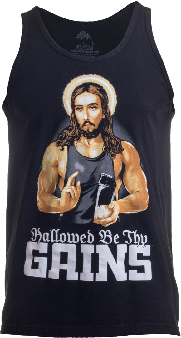 Hallowed Be Thy Gains | Funny Muscle Jesus Weight Lifting Workout Humor Tank Top