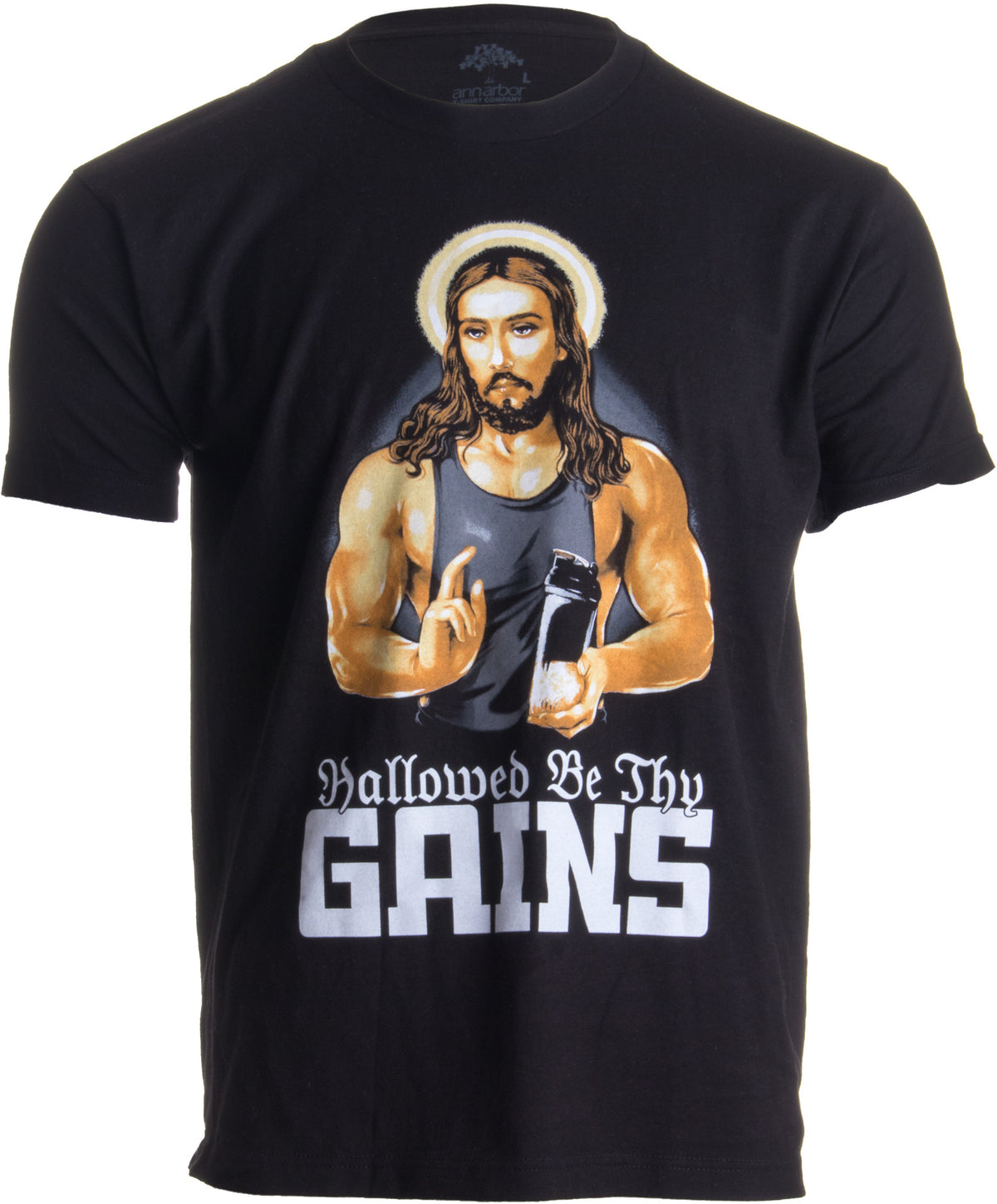 Hallowed Be Thy Gains | Funny Muscle Jesus Weight Lifting Work Out Humor T-shirt