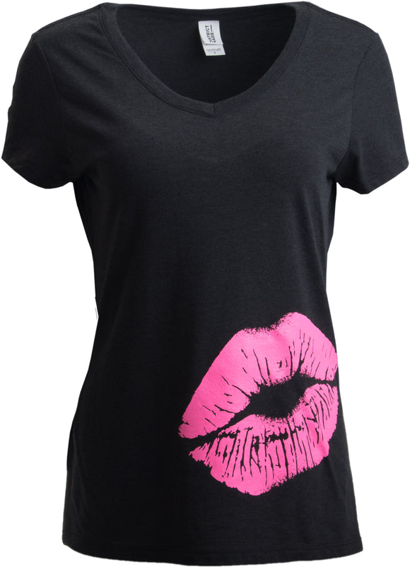 Neon 80s Pink Lips | Cute Vintage Lipstick Sexy Kiss V-neck T-shirt for Women