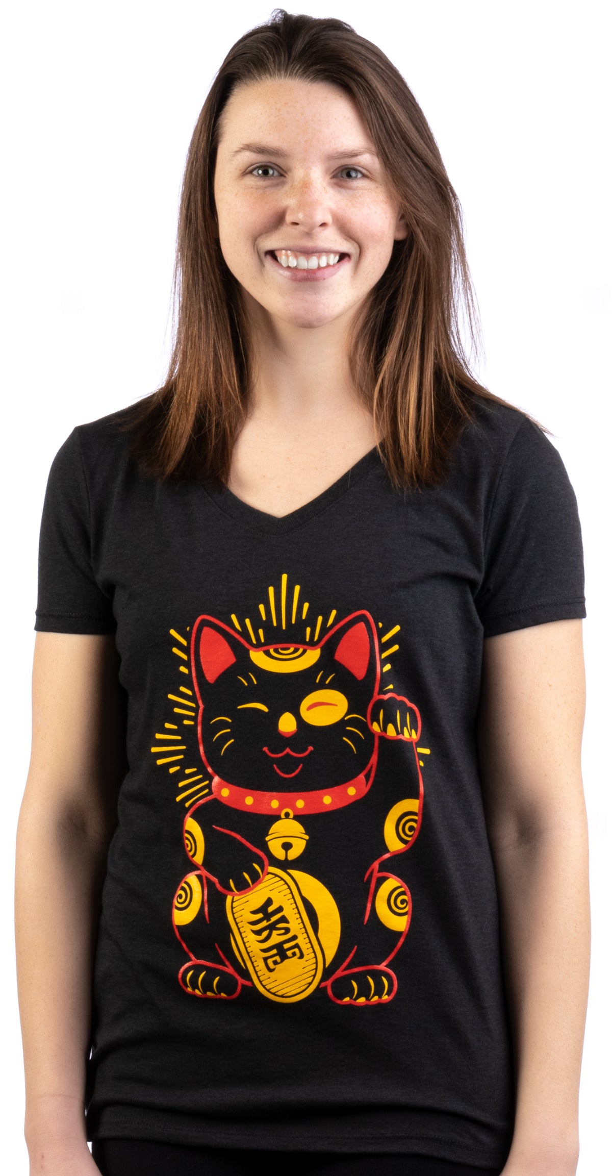 Maneki-neko Lucky Cat | Cool Japanese Good Luck Charm V-neck T-shirt for Women
