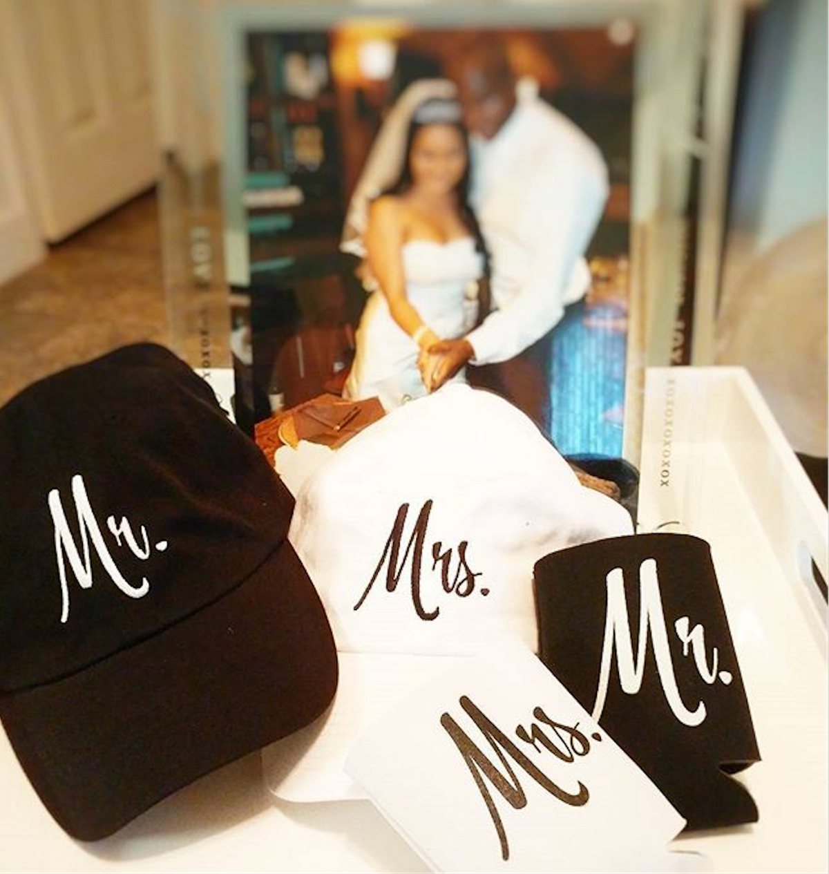 Mr. & Mrs. | Matching Newlywed Wedding Baseball Caps and Beer Holder (Coolie)