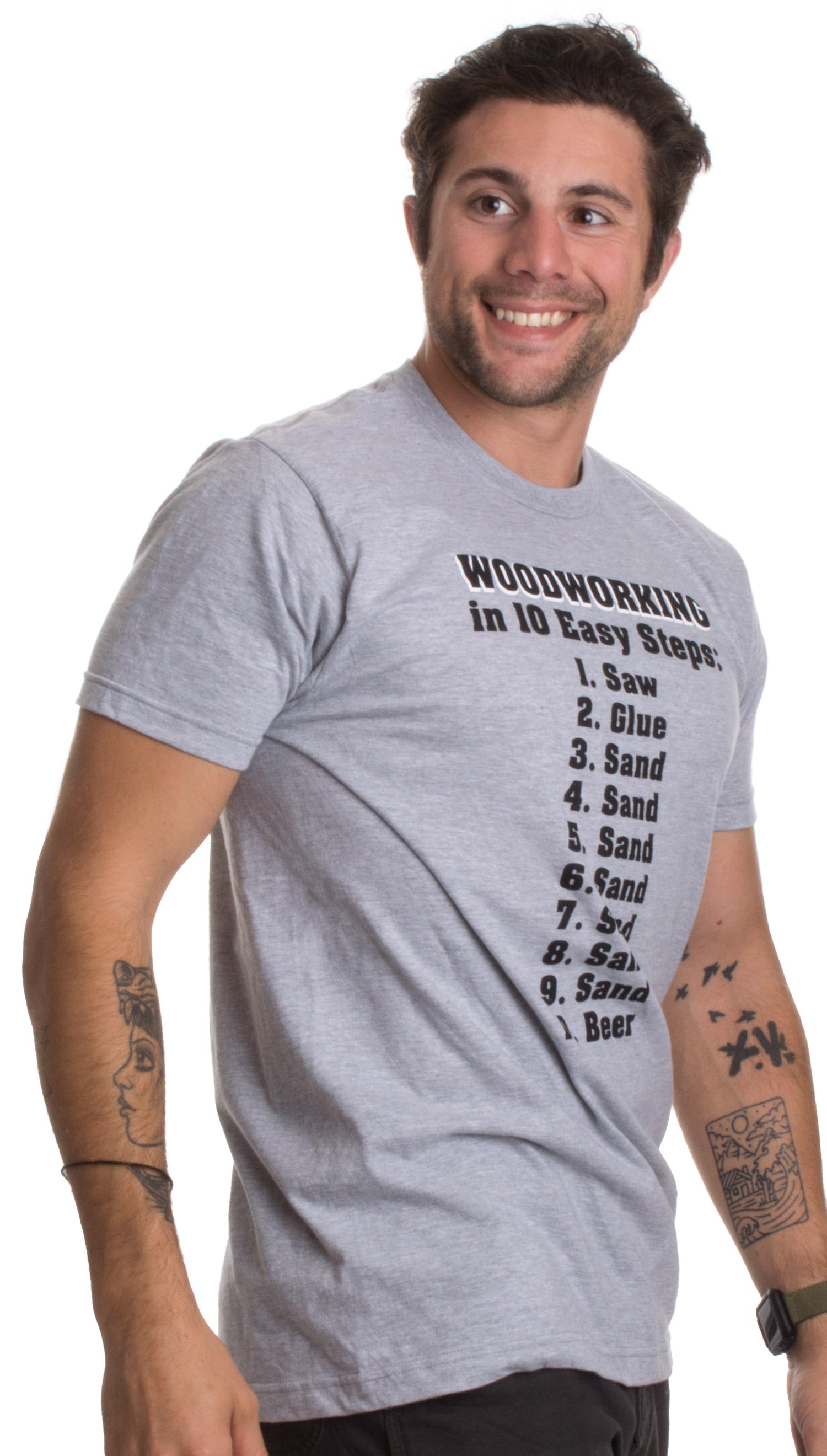 Ann Arbor T Shirt Co. 10 Easy Steps of Woodworking Funny Wood Working Worker Tool Saw Humor T Shirt Men s Unisex Sport Grey Small